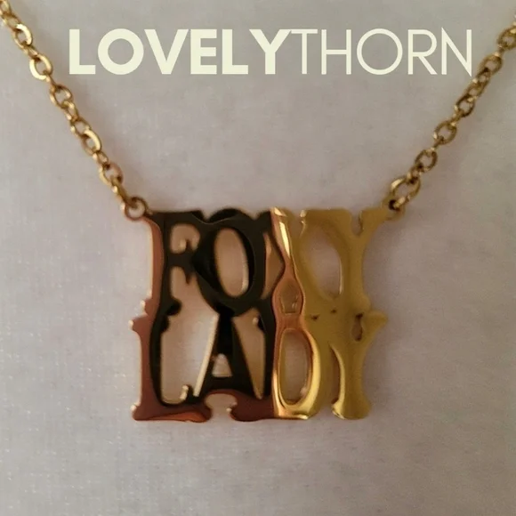 LOVELYTHORN // custom foxy lady 18K gold-plated 16 stainless steel nameplate
